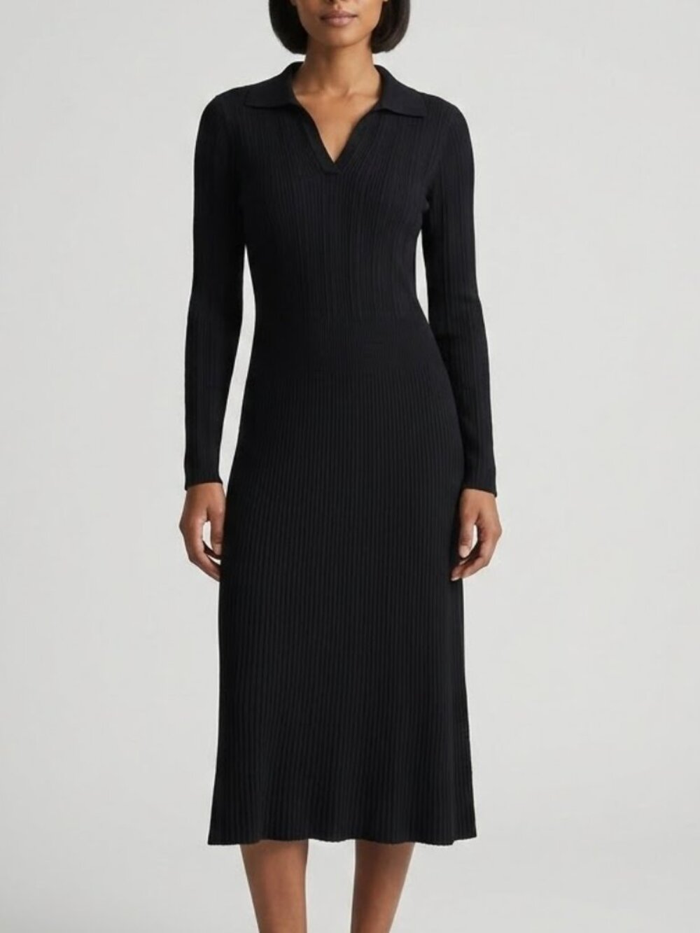 Lands' End Collared Ribbed Long Sleeve Sweater Dress Fine Gauge Knit Size S/M